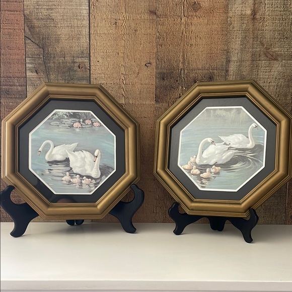 Vintage HOMCO Swan Prints with Octagon Gold Frames - Picture 1 of 7